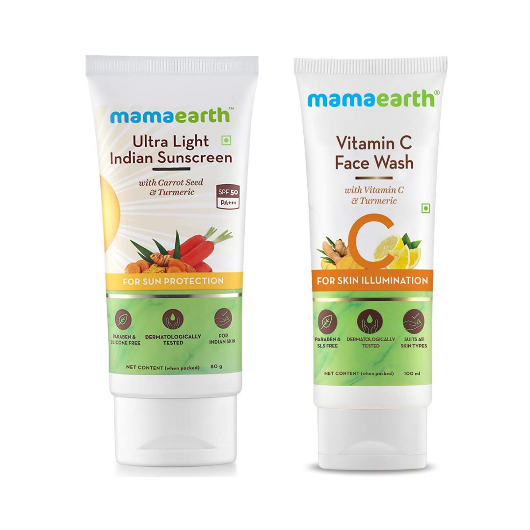 Mamaearth Perfect Summer Combo Ultra Light Indian Sunscreen 80g + Vitamin C Face Wash 100ml