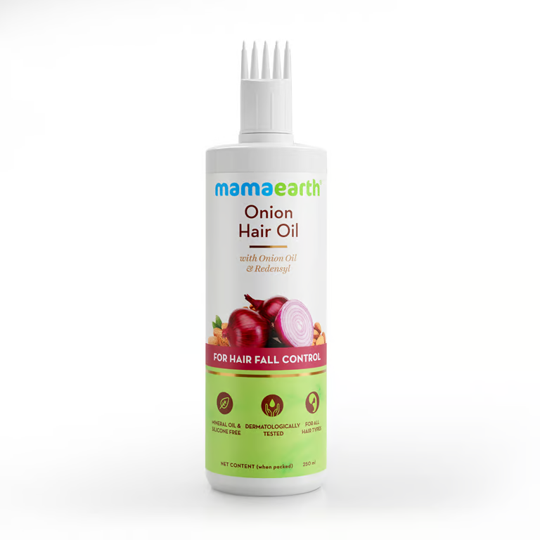 Mamaearth onion hair oil with white background