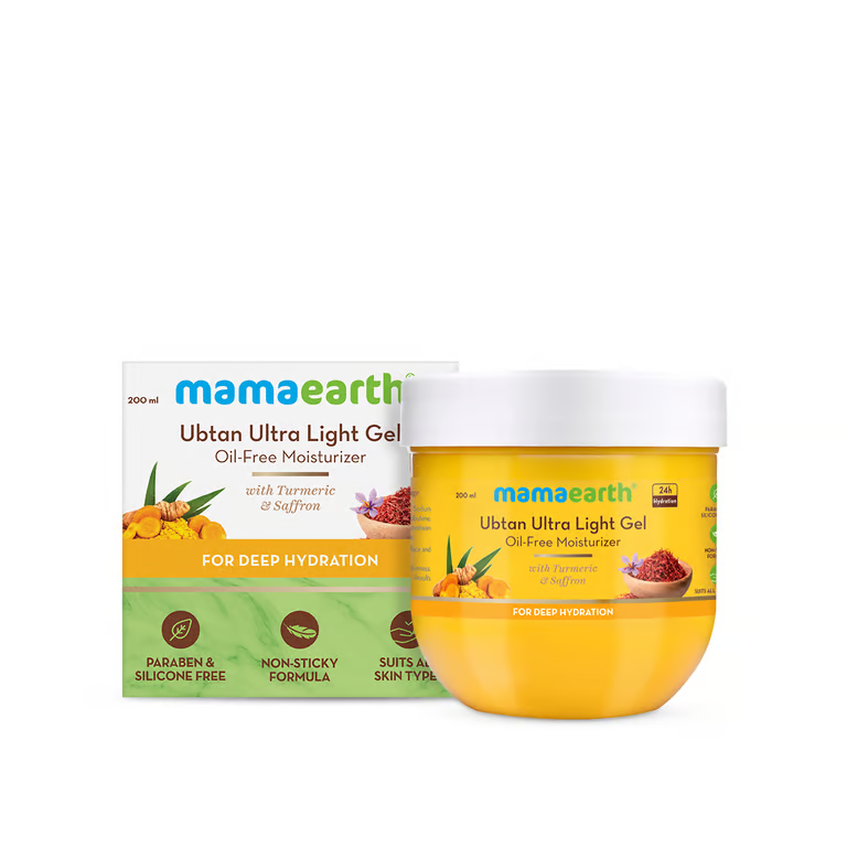 Mamaearth ubtan ultra light gel oil free moisturizer with white background