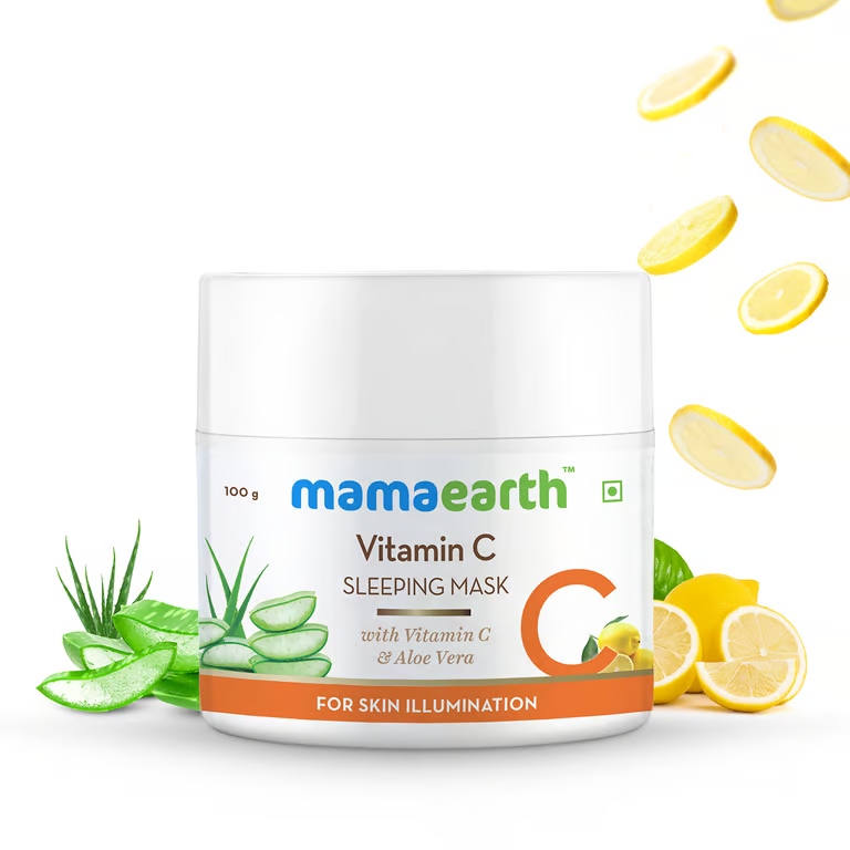 Mamaearth vitamin c sleeping mask with lemon and aloe vera background