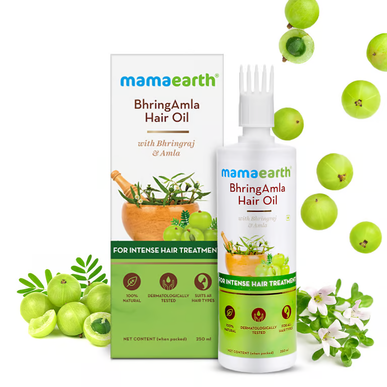 Mamaearth BhringAmla hair oil with amla background