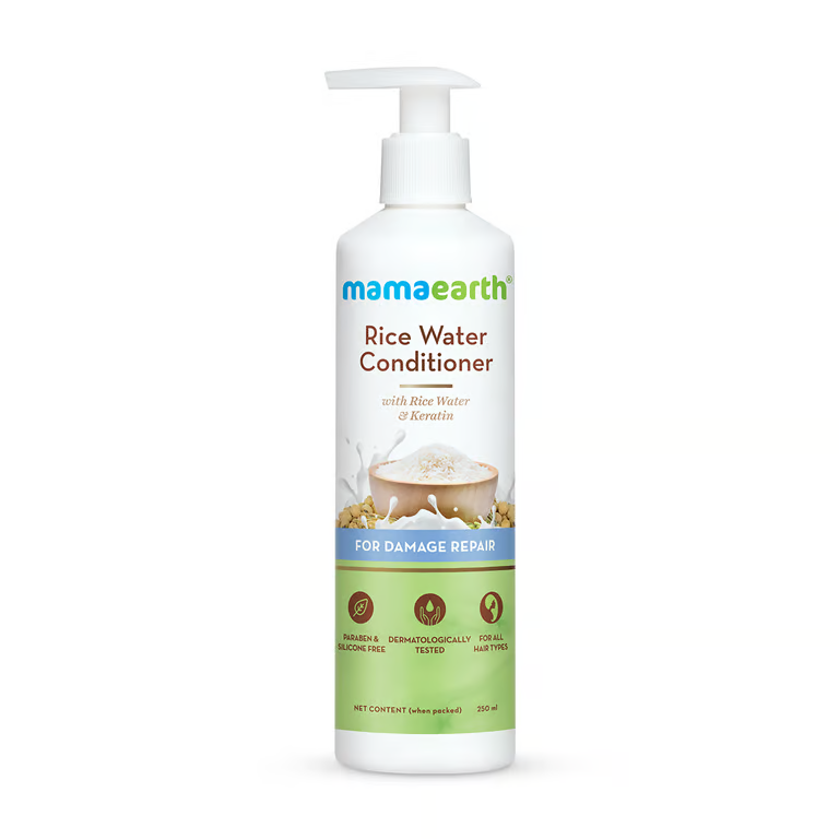 Mamaearth rice water conditioner with white background