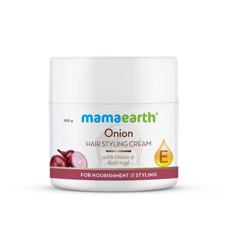 Mamaearth onion hair styling cream with white background