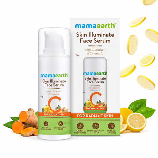 Mamaearth skin illuminate face serum with lemon and turmeric background