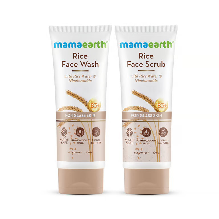 Mamaearth Rice Face Care for Glass Skin Combo Face Wash + Face Scrub - 100ml + 100gm