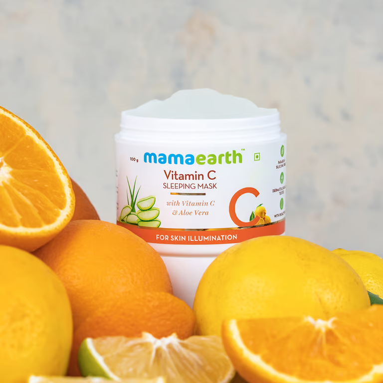 Mamaearth vitamin c sleeping mask with orange background