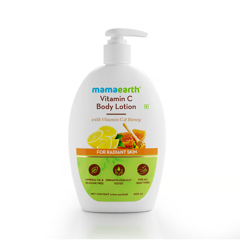 Mamaearth Vitamin C body lotion with white background