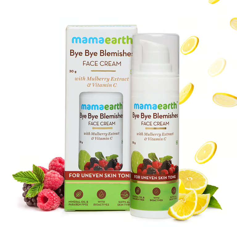 Mamaearth bye bye blemishes face cream with lemon and mulberry background