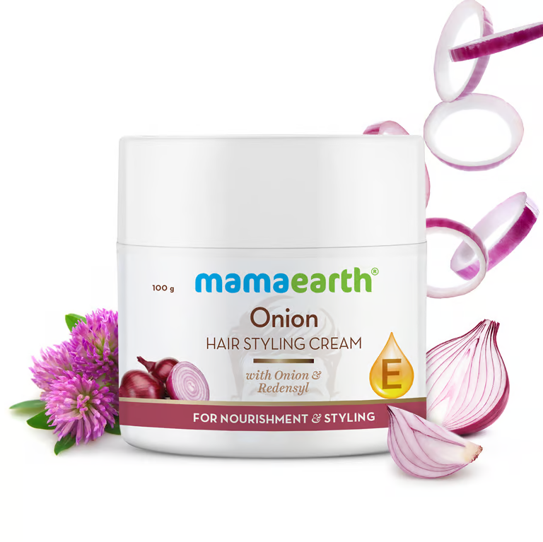 Mamaearth onion hair styling cream with onion background