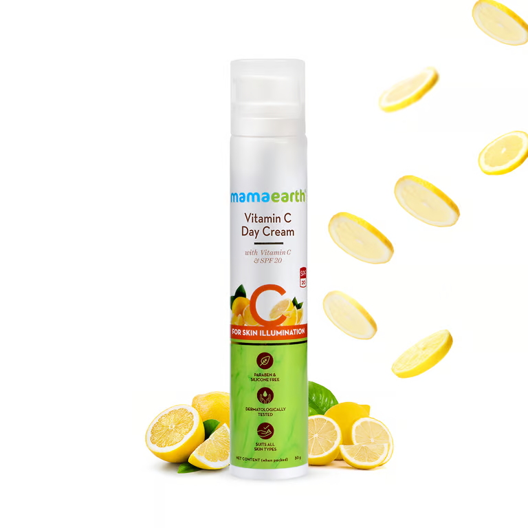 Mamaearth Vitamin c day cream with lemon background