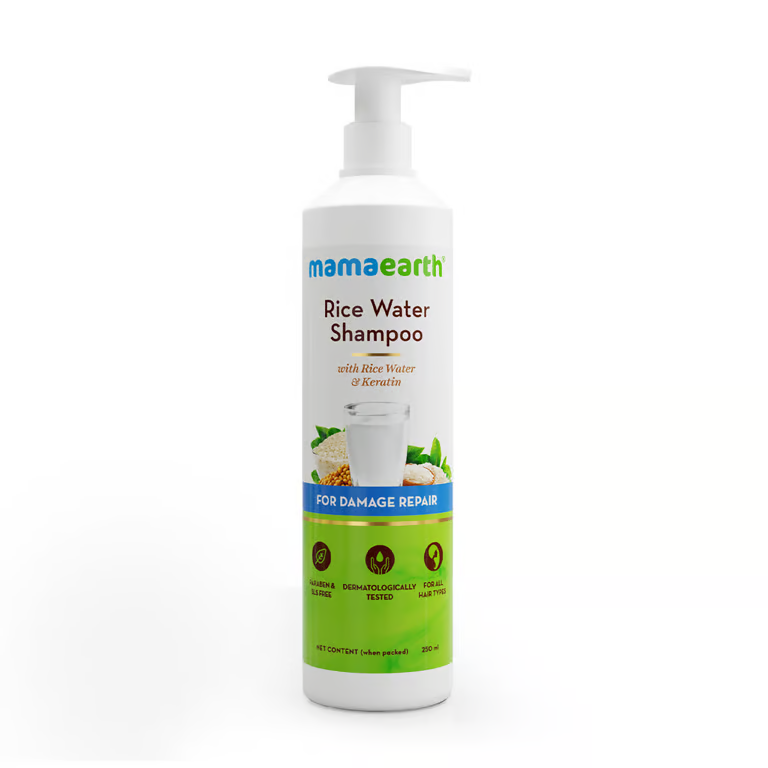 Mamaearth rice water shampoo with white background