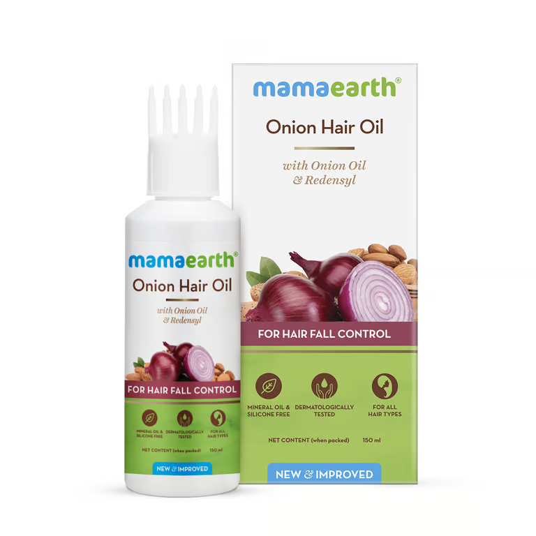 Mamaearth onion hair oil with white background