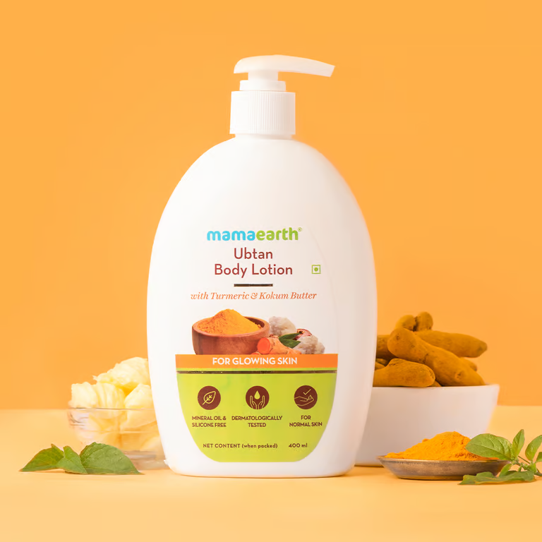 Mamaearth Ubtan body lotion front with orange background