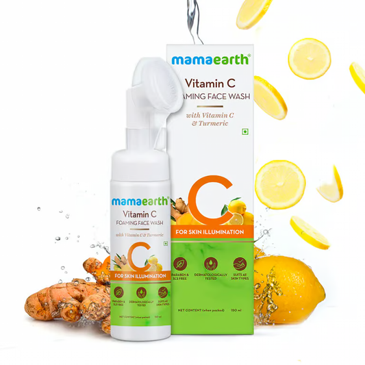 Mamaearth vitamin c foaming face wash with lemon and turmeric background