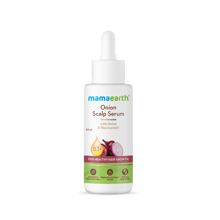 Mamaearth onion scalp serum with white background