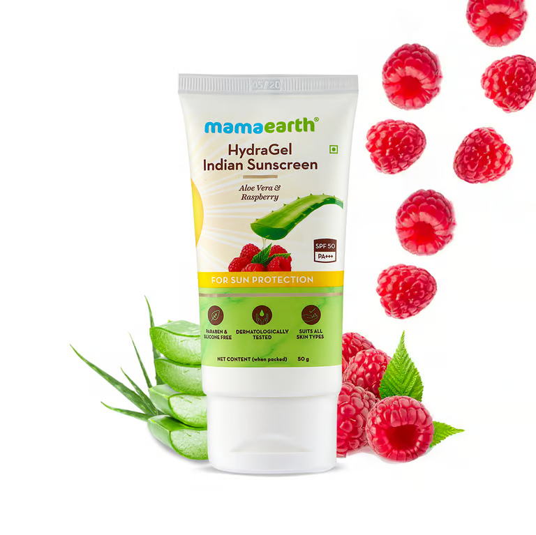 Mamaearth HydraGel Indian Sunscreen with Aloe Vera and Raspberry for Sun Protection - 50 g