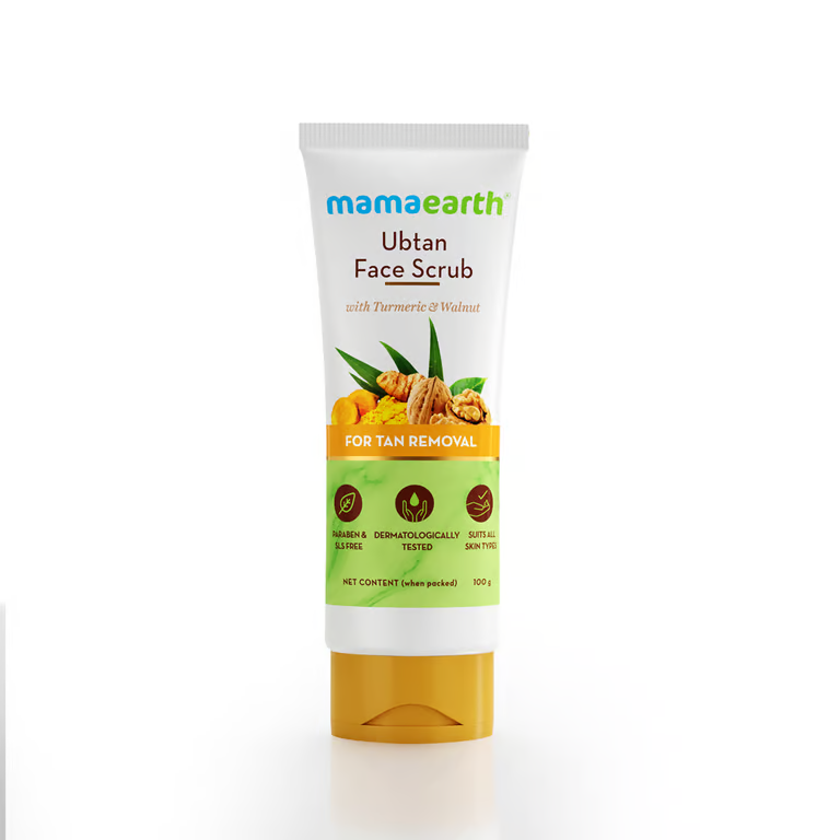 Mamaearth ubtan face scrub with white background