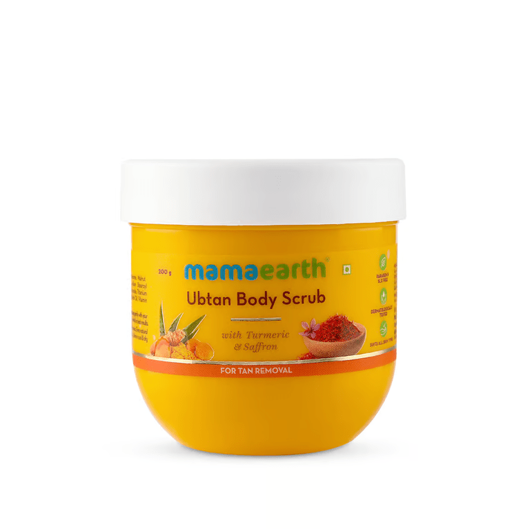 Mamaearth ubtan body scrub with white background